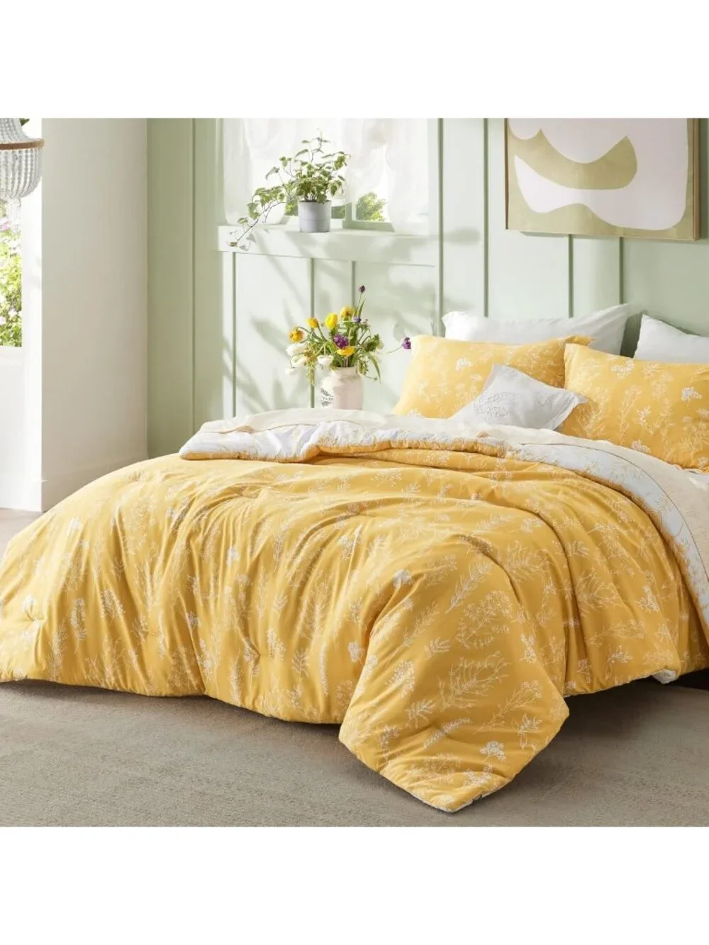 Floral Twin/TwinXL Comforter Set - Cute Reversible Bedding in Yellow, Cozy